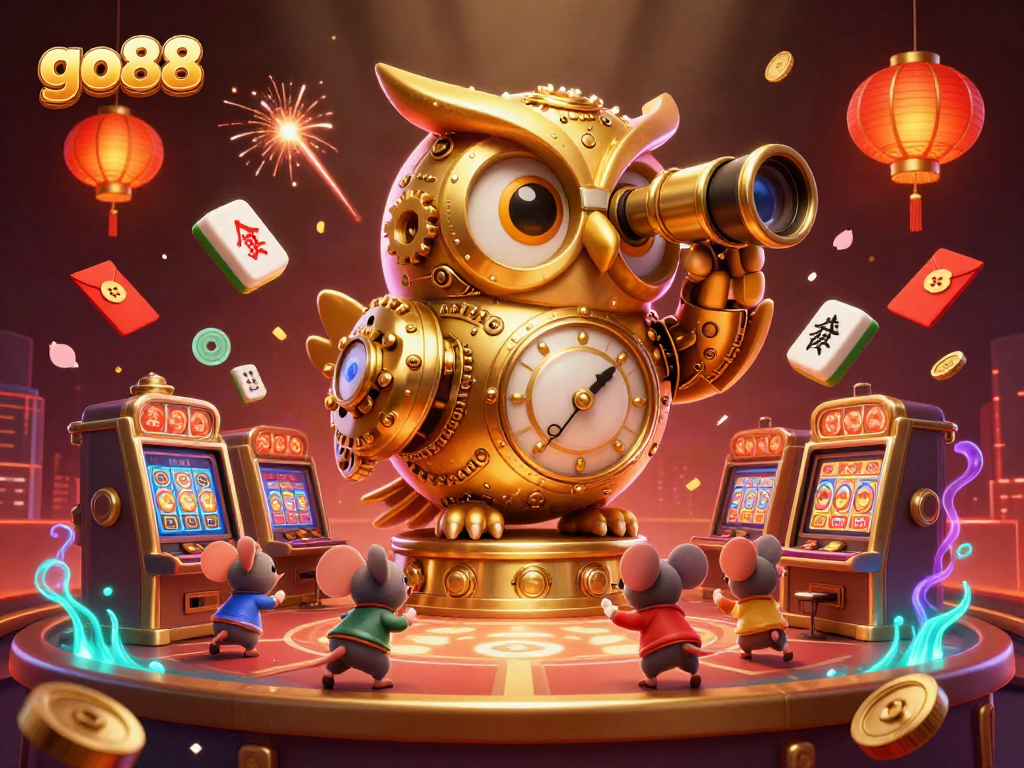 Experience the excitement of go88 with a vibrant illustration of a golden owl and casino elements.