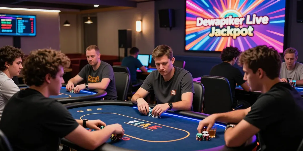 Dewapoker Live Jackpot scene with players at a lively poker tournament showcasing competitive spirit and technology.