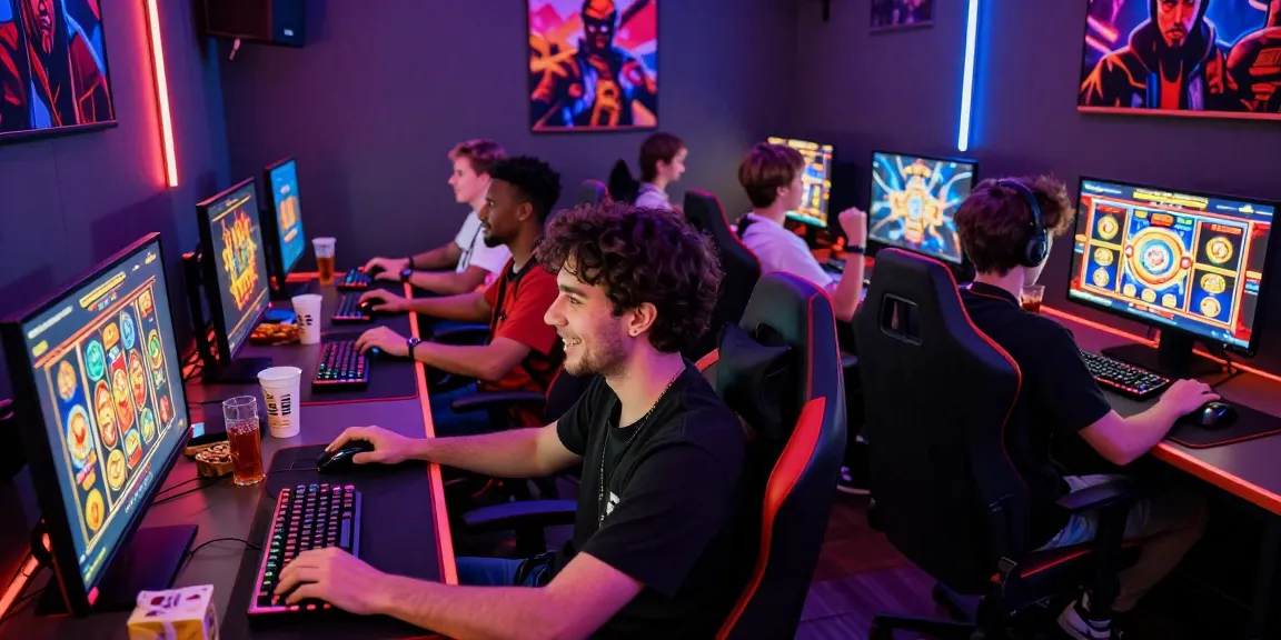 Exciting scene of players enjoying เว็บสล็อตที่คนเล่นเยอะที่สุด in a modern gaming room, celebrating wins and immersed in fun.