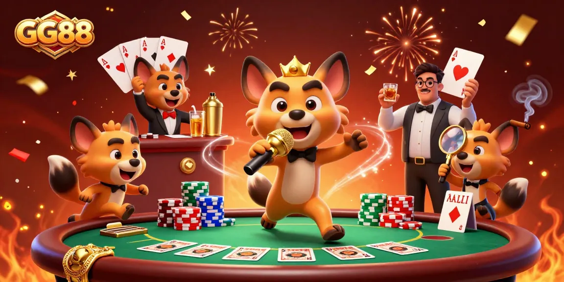 Experience GG88 excitement with hyenas enjoying comedy and casino fun in a dynamic illustration.