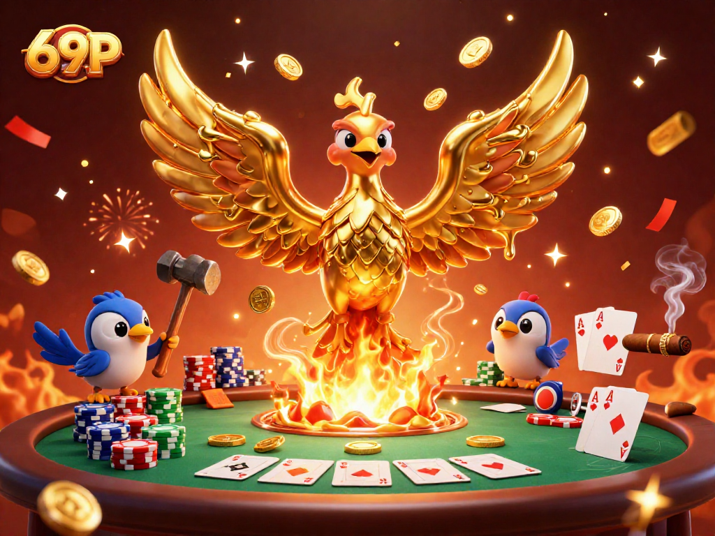 Visualize a vitória emocionante no cassino 69P ao ganhar em uma mesa de poker cheia de fichas e cartas.
