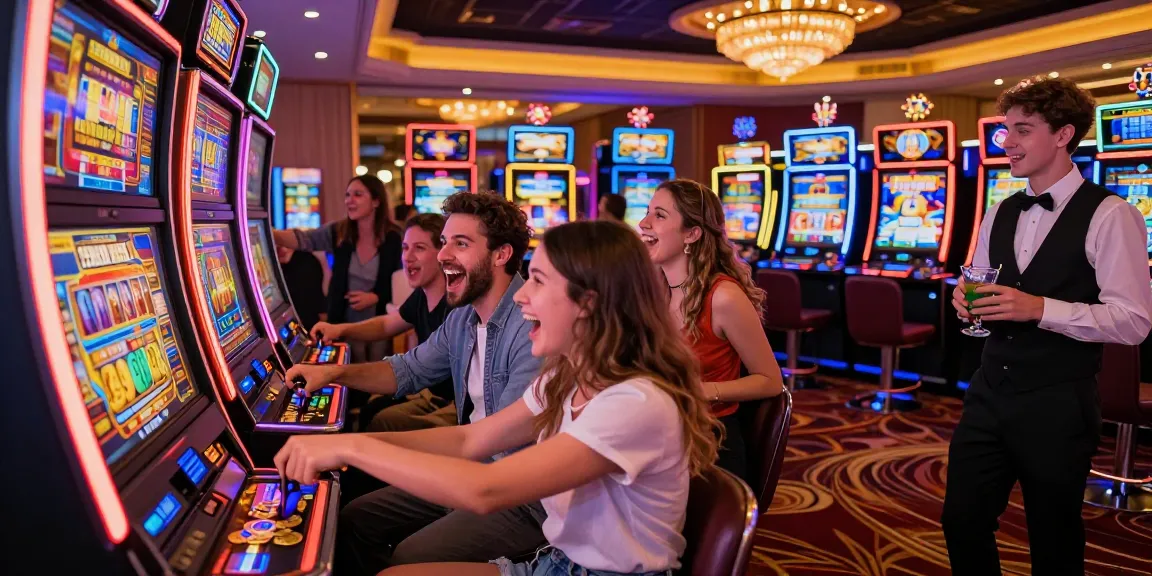 Friends enjoying a slot machine game in a lively casino