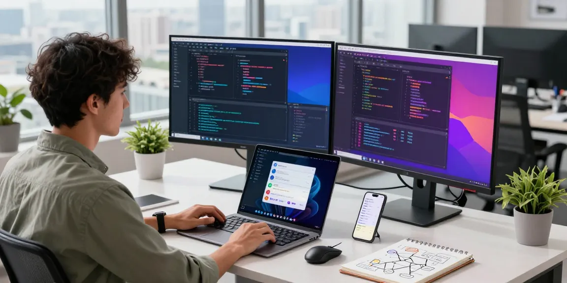 快连 software engineer coding in modern workspace with dual screens and natural lighting.