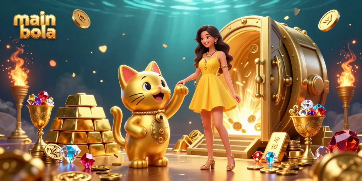 Main bola offers a vibrant winning experience with an Asian woman in a yellow dress, lucky cat, and treasures