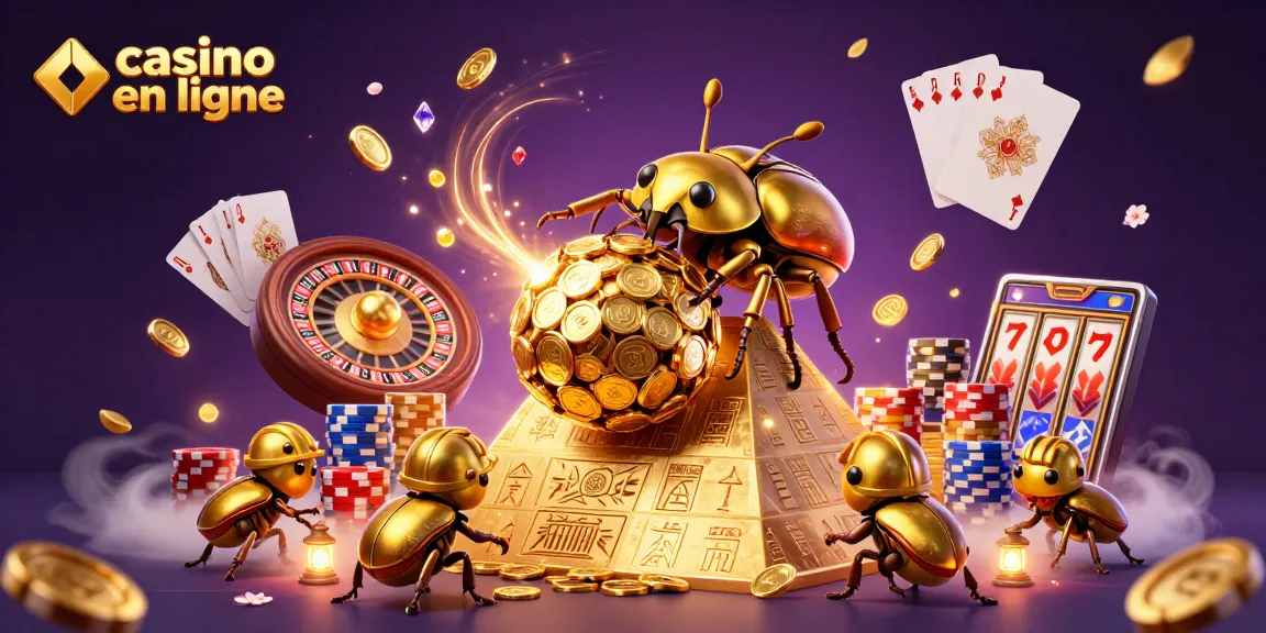 Jouez à des jeux captivants de casino en ligne avec une scène de coccinelle dorée et des symboles de jackpot.