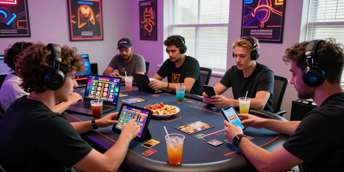 Gamers enjoying a lively session at 68gamebai online card table with vibrant screens and snacks.