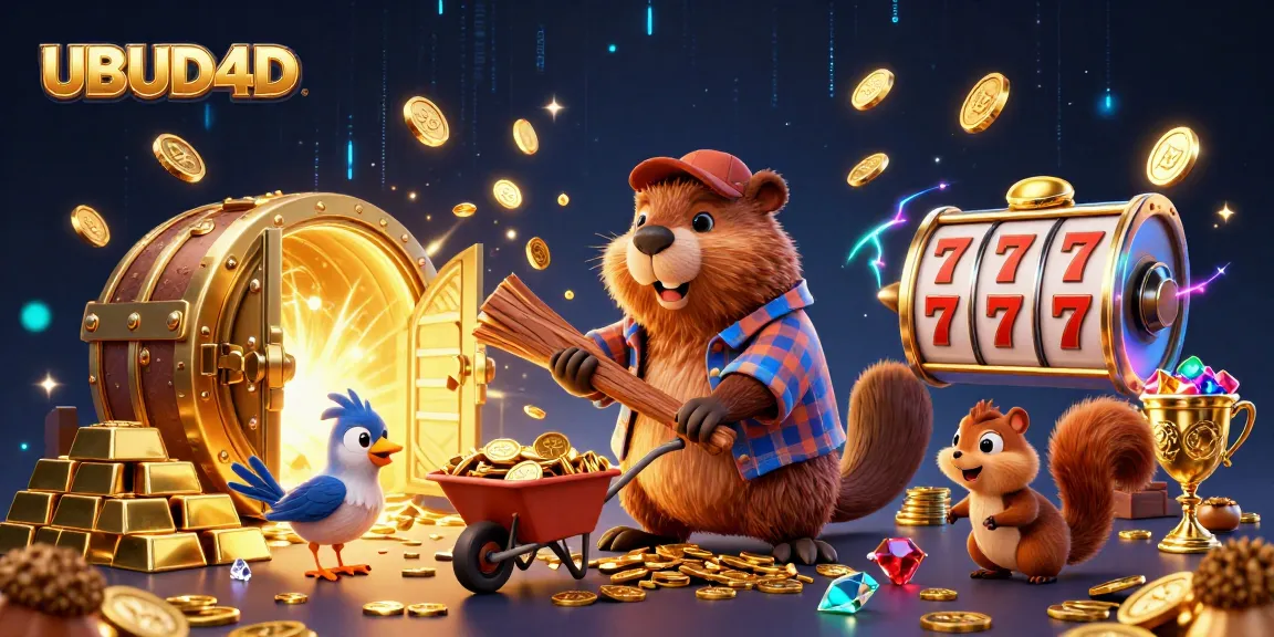 Win big with UBUD4D by spinning slot reels and collecting golden coins in this vibrant casino scene.