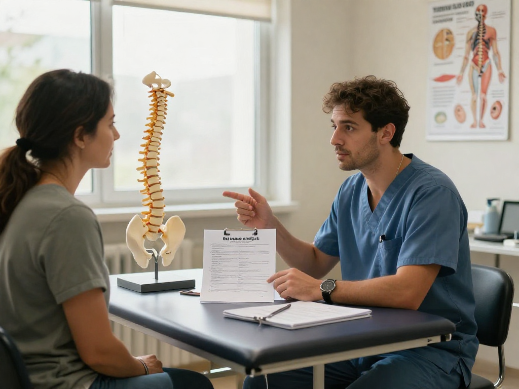 Discussing Bel kayması ameliyatı treatment options with a patient in a medical consultation.