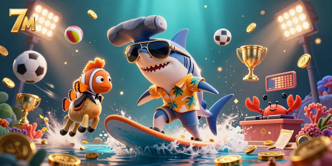 Catch thrilling betting action with 7M as the shark surfs gold coin waves in a vibrant casino scene.