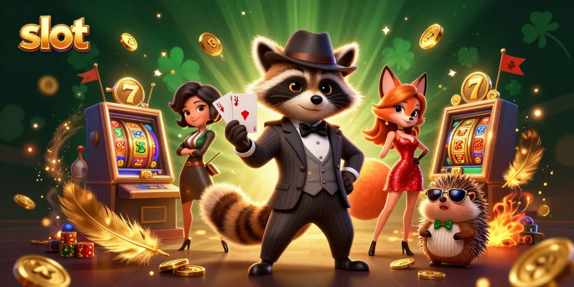 Spin the reels of slot machines as a raccoon holds a royal flush, surrounded by vibrant casino elements.