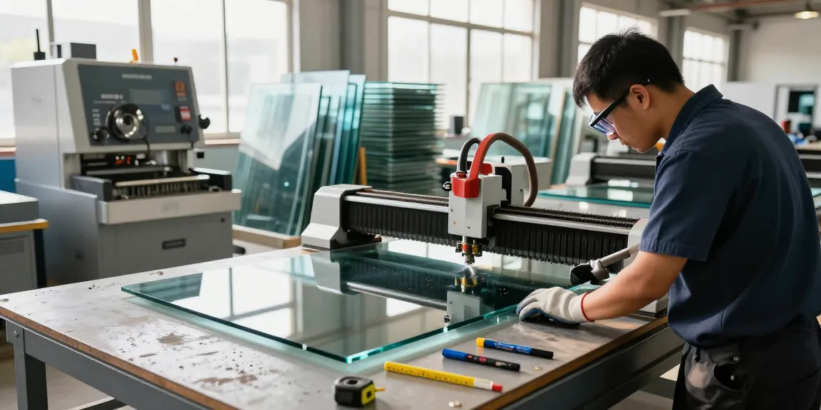 CNC glass cutting machine in action, demonstrating precision in glass processing