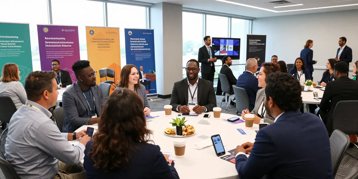 Networking event featuring Bradley Robinson Alabama engaging with professionals, showcasing collaboration in a modern conference hall