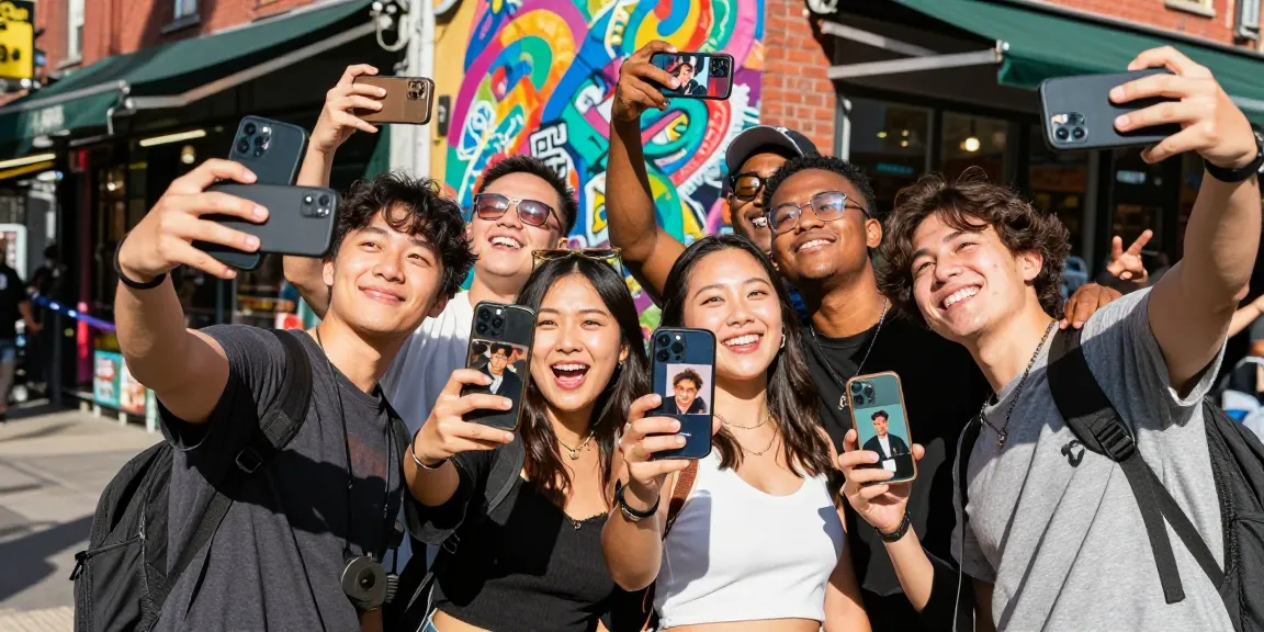 Celebrities look alike selfies shared among friends in a vibrant urban setting.