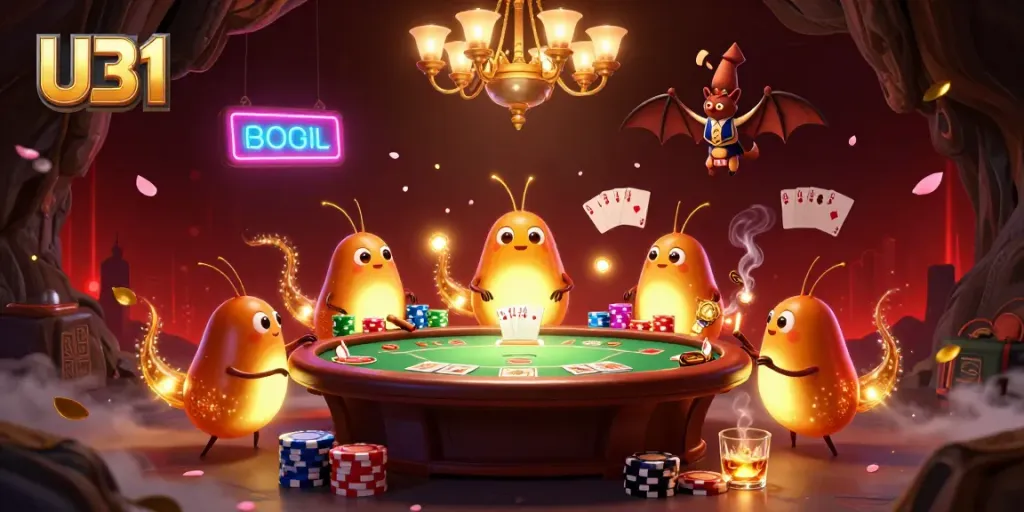 U31 glowworms light up a cave casino, enhancing the poker atmosphere with bioluminescence.