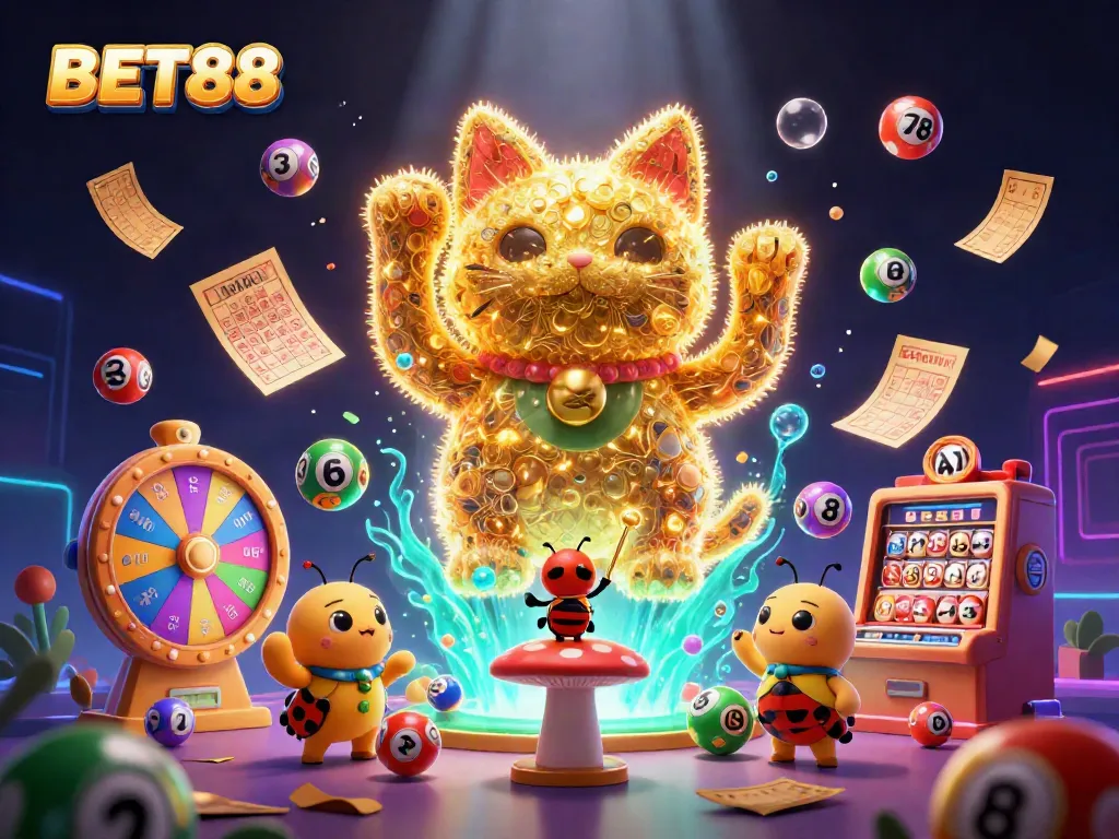 Experience the vibrant world of BET88 with a golden cat and colorful lottery elements in an exciting casino illustration.