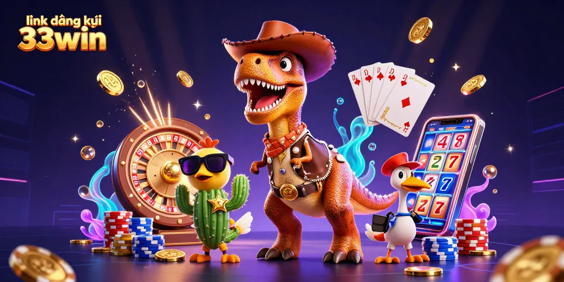 Win big at link đăng ký 33win with a vibrant 3D illustration featuring a T-Rex and casino elements.