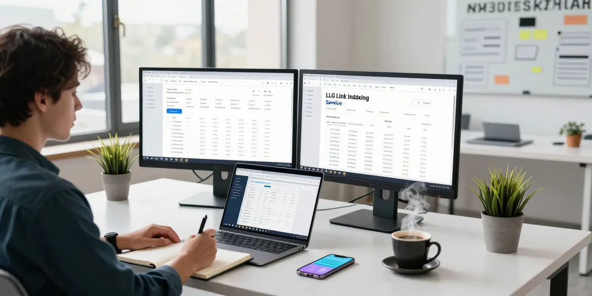 Engaging workspace scene showcasing LLG Link indexing service analysis with monitors, notes, and a focused marketing specialist