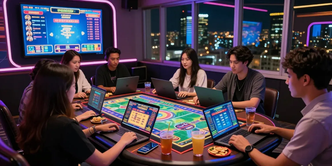 Friends enjoying tambakbet togel in a vibrant online casino atmosphere, showcasing excitement and engagement.