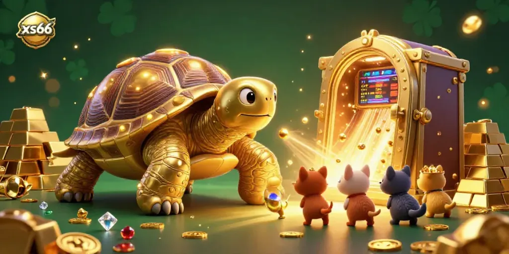 Experience exciting interaction with the xs66 pinball-themed gaming tortoise surrounded by treasures and jewels.