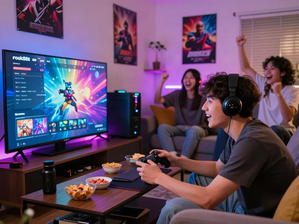 Engaging gaming scene showcasing rokok88 apk gameplay with friends in a vibrant living room.