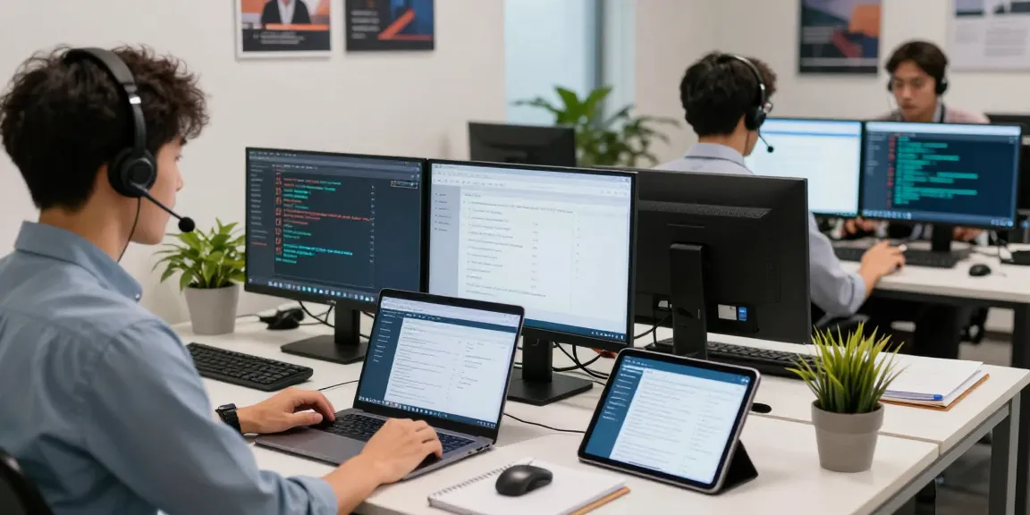 Efficient Telus-Technical-Support center with representative assisting users through multiple screens and collaborative workspace.