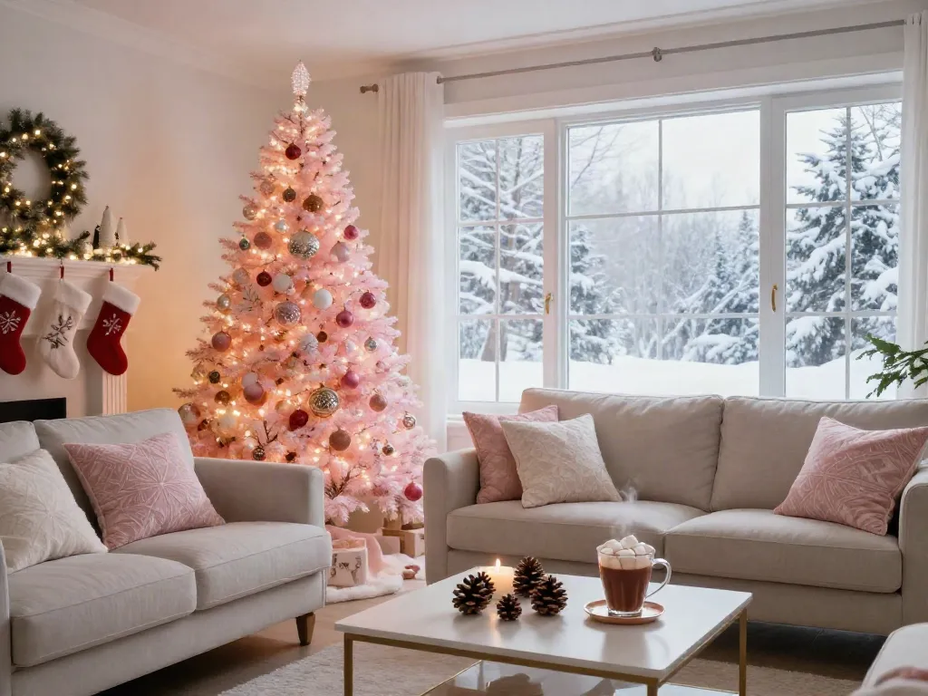 Brightly decorated pink pre-lit Christmas tree in a cozy holiday living room.