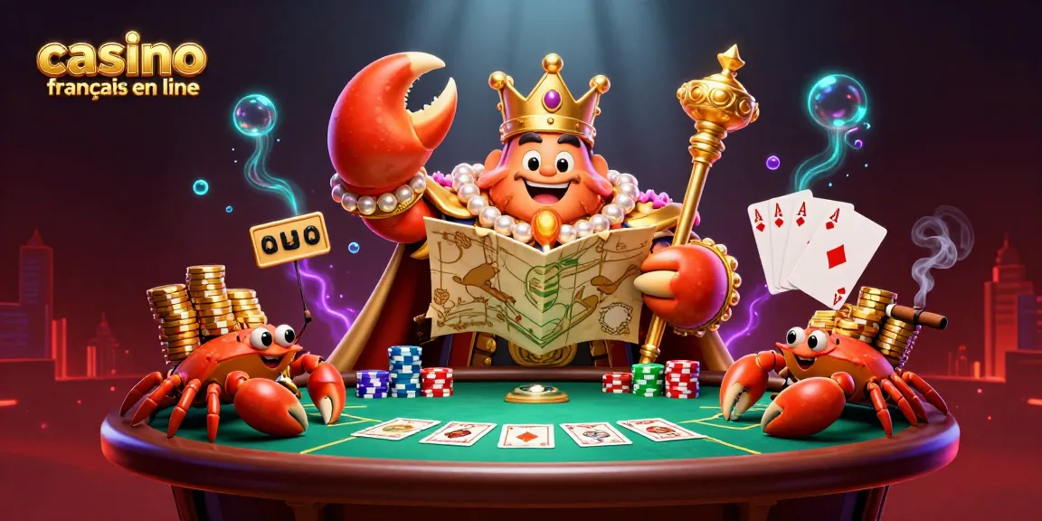 Le casino français en ligne propose une scène dynamique avec un crabe en or et des serveurs crabes portant des jetons en or.