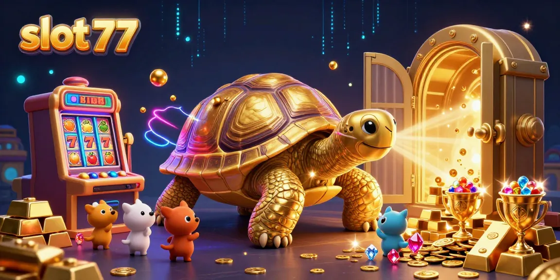 Engage in thrilling gameplay at slot 77 with a dynamic scene full of bright slot machines and golden treasures.