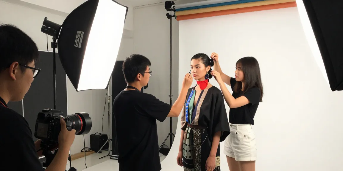 Servizi fotografici moda Milano in uno studio creativo con modello e truccatore.
