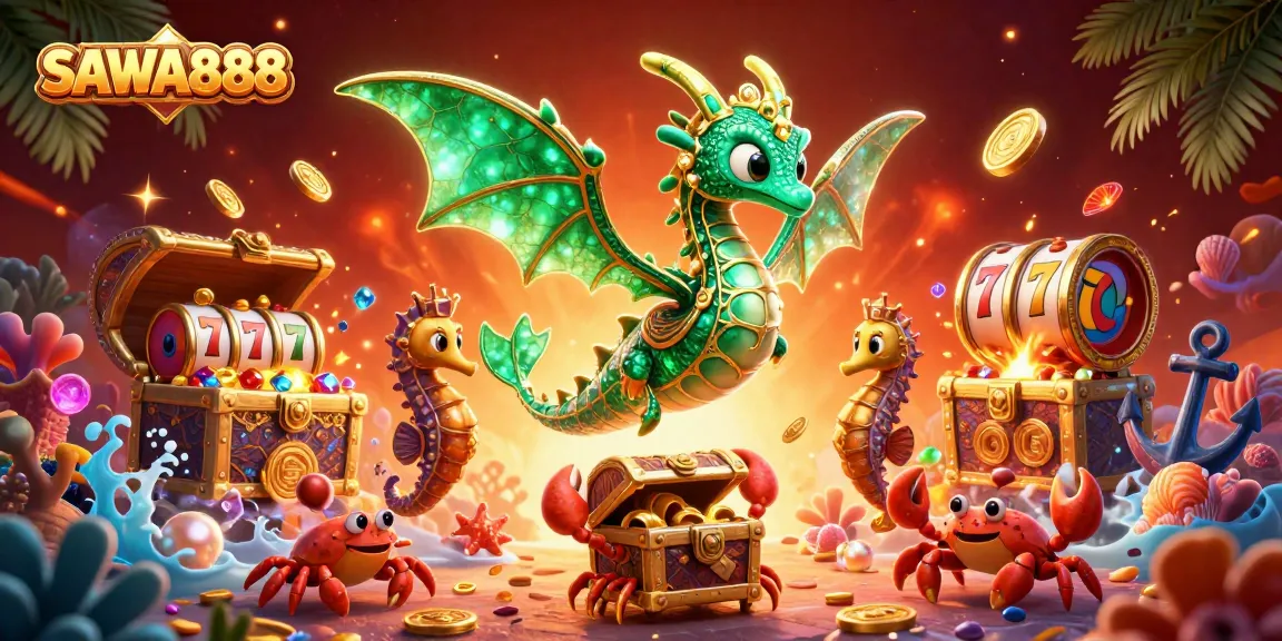 Play exciting games at SAWA888 with vibrant 3D sea dragon amidst treasures, enhancing your gambling experience!