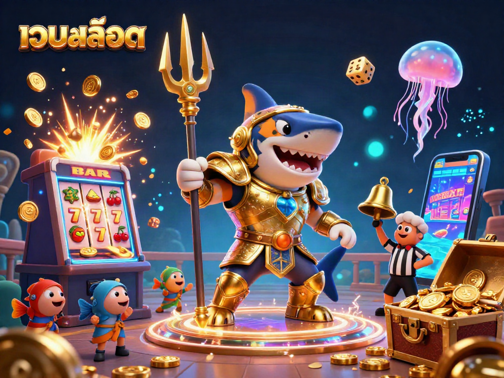 Experience เว็บสล็อต excitement with a golden armored tiger shark amidst vibrant slots and jackpot thrills.