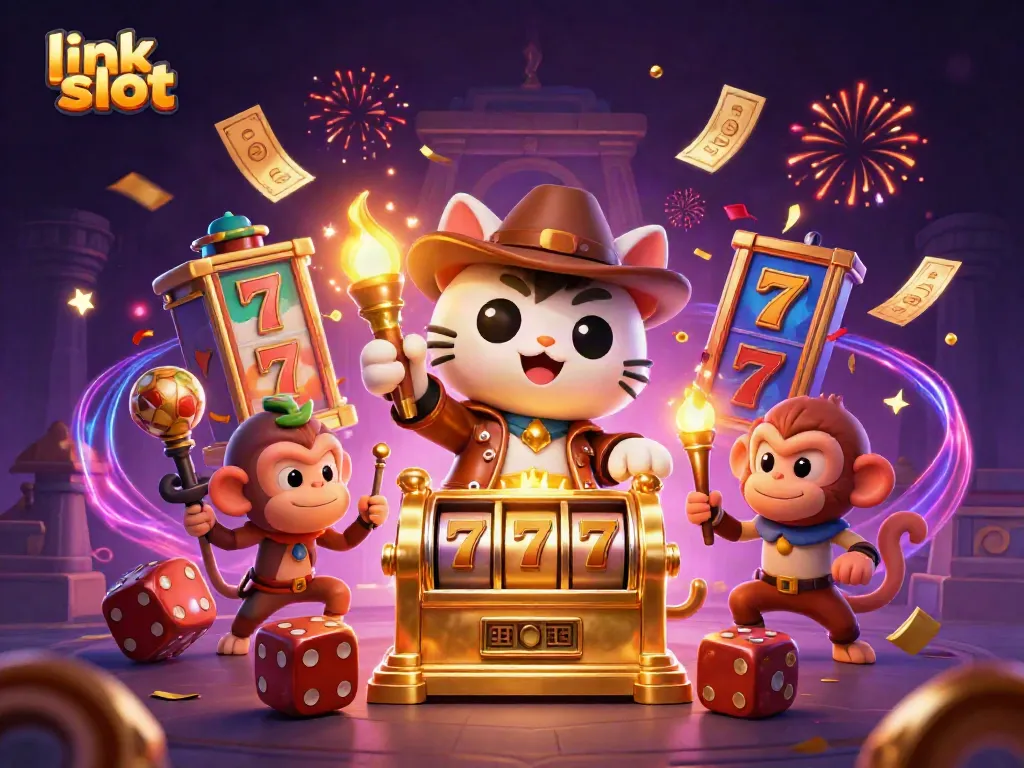 Link slot dengan mesin slot emas yang ditemukan oleh kucing penjelajah, dikelilingi oleh petunjuk kasino yang menarik.