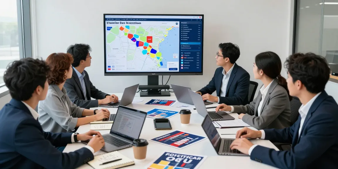 Political CTV advertising meeting where a diverse team analyzes voter data for campaign strategies.