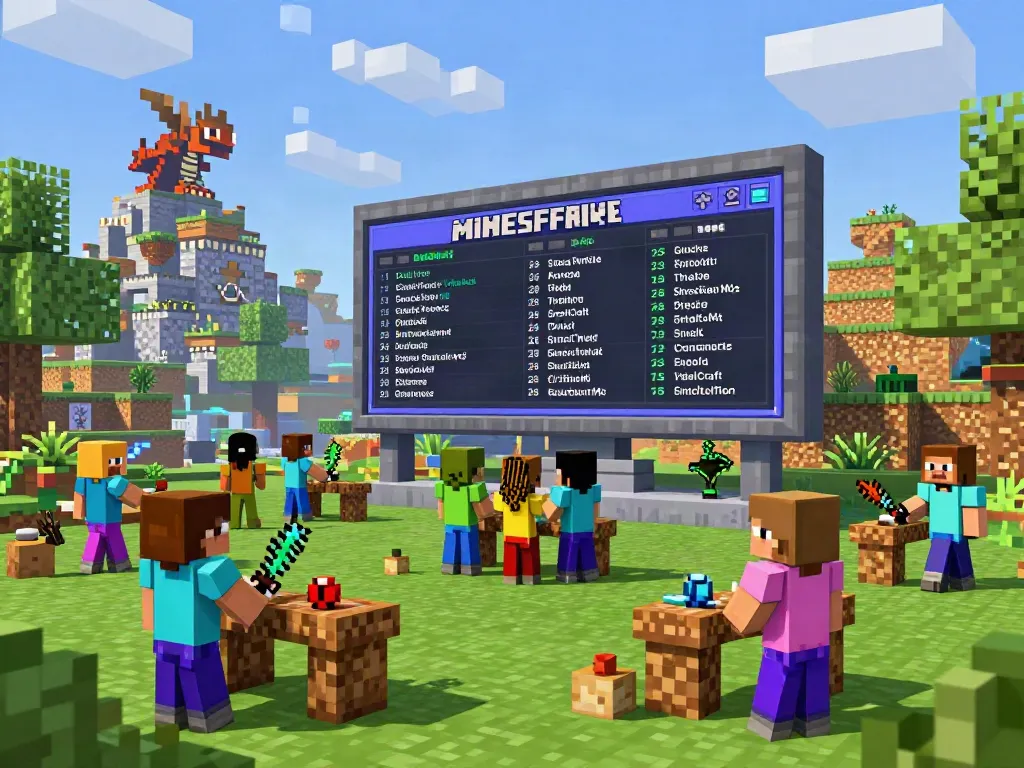 Minecraft server list scene showcasing players in a vibrant virtual world, featuring top servers like SnailCraft and GrooveMc for 2026.