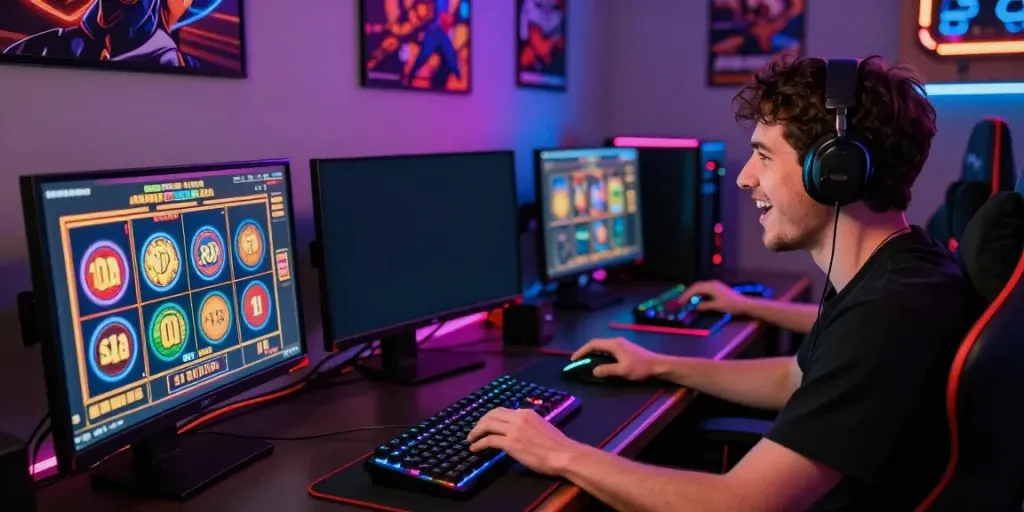 Seorang pemain slot777 antusias bermain di meja komputer dengan monitor yang menampilkan permainan slot yang berwarna-warni.