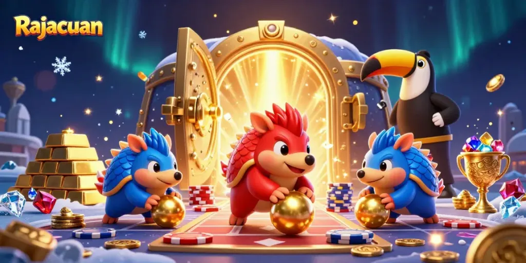 Rajacuan menunjukkan pangolin berwarna merah dan biru bermain slot dengan kegembiraan memicu kemenangan beruntun.