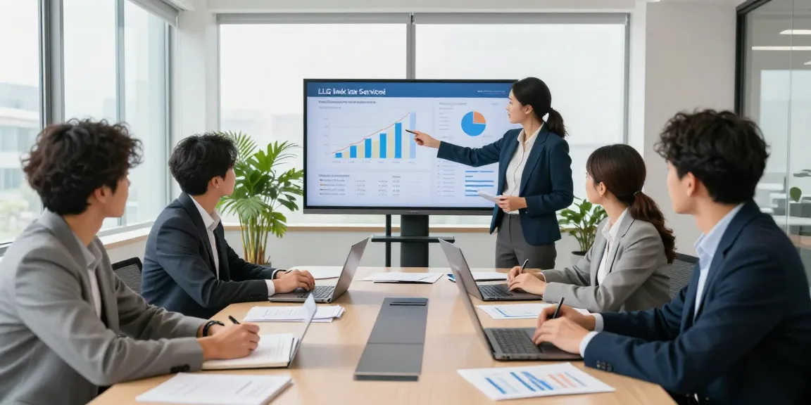 Consultants discussing LLG link indx services during a modern office meeting with data insights and collaborative atmosphere.