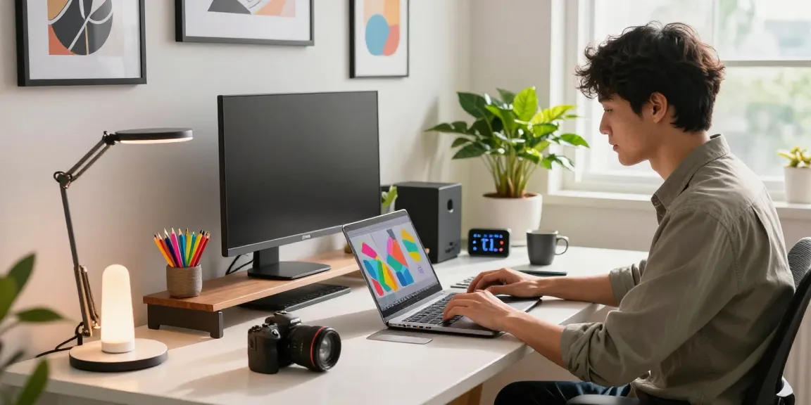 Creative desk gadgets enhancing a modern office workspace with a sleek setup, plants, and art.
