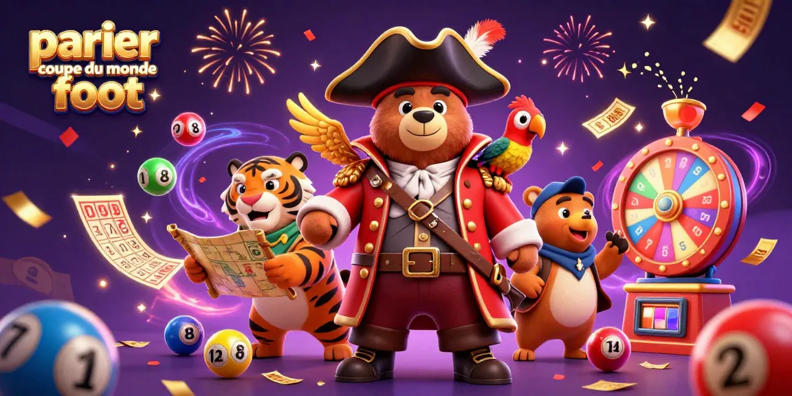 Parier coupe du monde foot avec un ours pirate et un tigre sur fond festif et coloré.