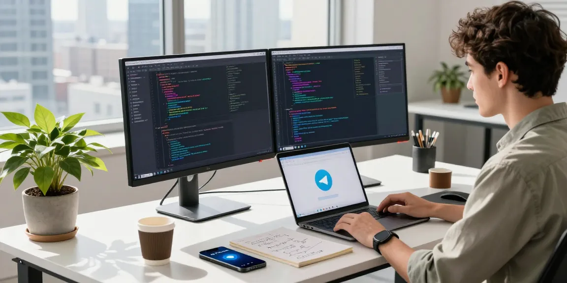 Developer coding with 纸飞机中文版 on a sleek workspace surrounded by tech gadgets, in a modern office setting.