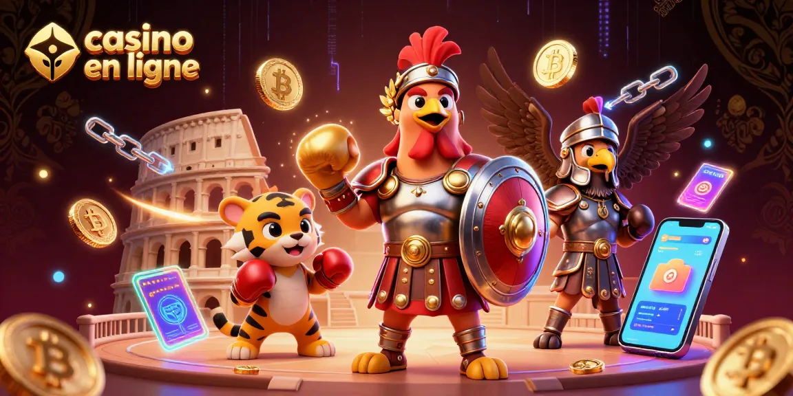 Découvrez casino en ligne avec un coq gladiateur et des éléments crypto dans une arène animée