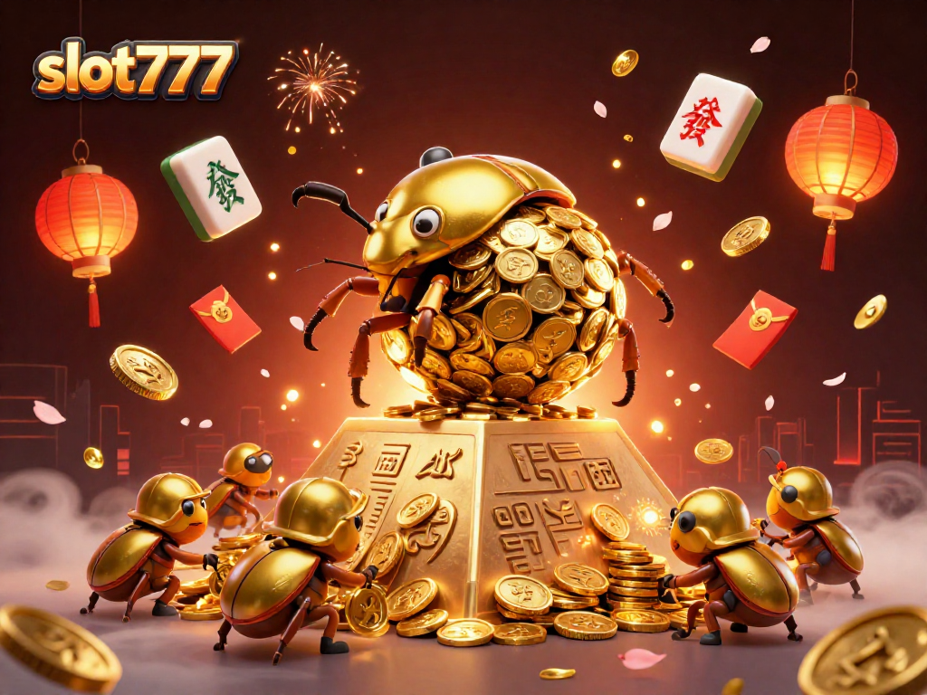 Experience the thrilling world of slot777 as golden beetles roll coins towards a jackpot amid vivid casino elements.