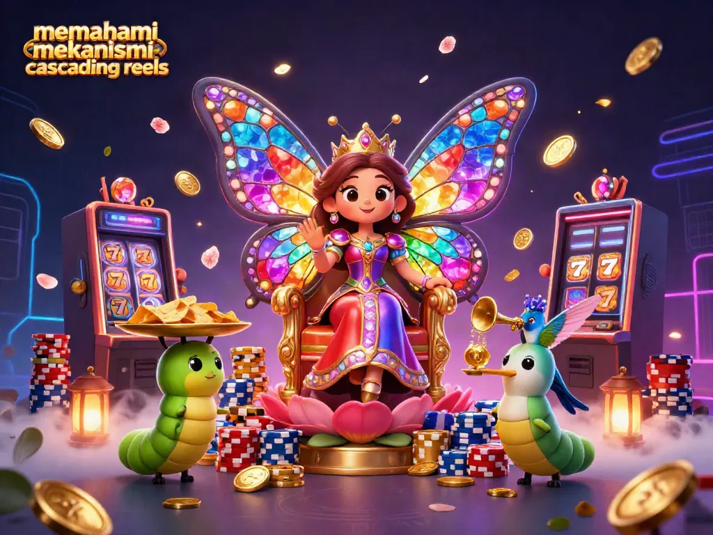 Gambarkan pemahaman mekanisme cascading reels dalam slot dengan elemen visual yang kaya seperti mesin slot dan simbol keberuntungan.