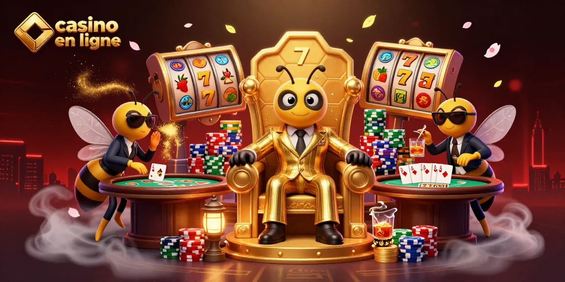 Jouez à des jeux passionnants sur un casino en ligne, avec un roi de la ruche et des gardes dans un décor animé.