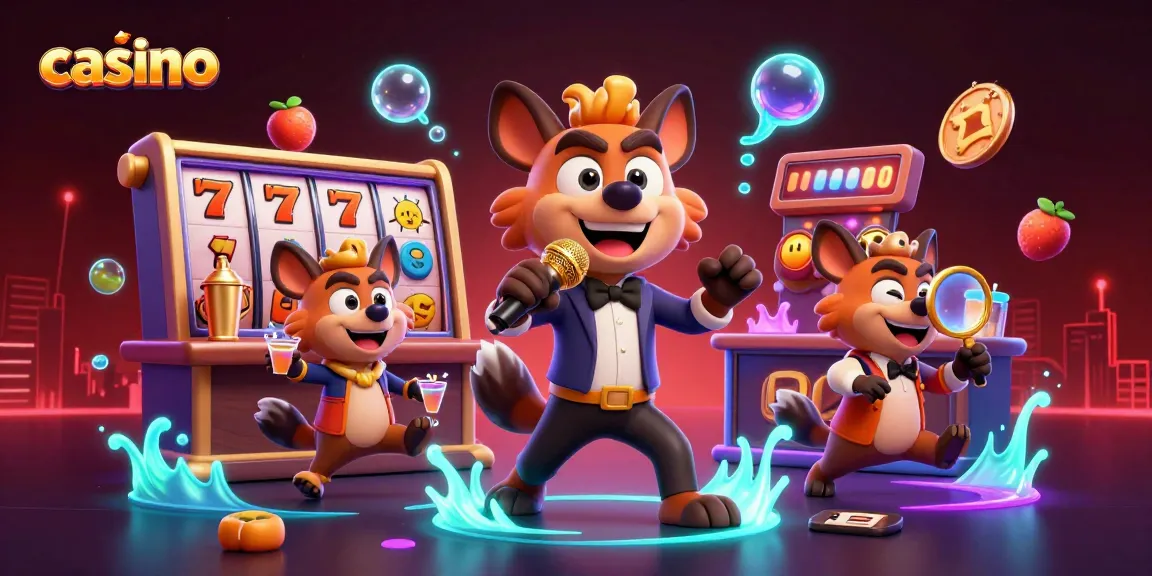 Hyenas perform comedy at a lively casino, featuring vibrant slot reels and jackpot symbols.