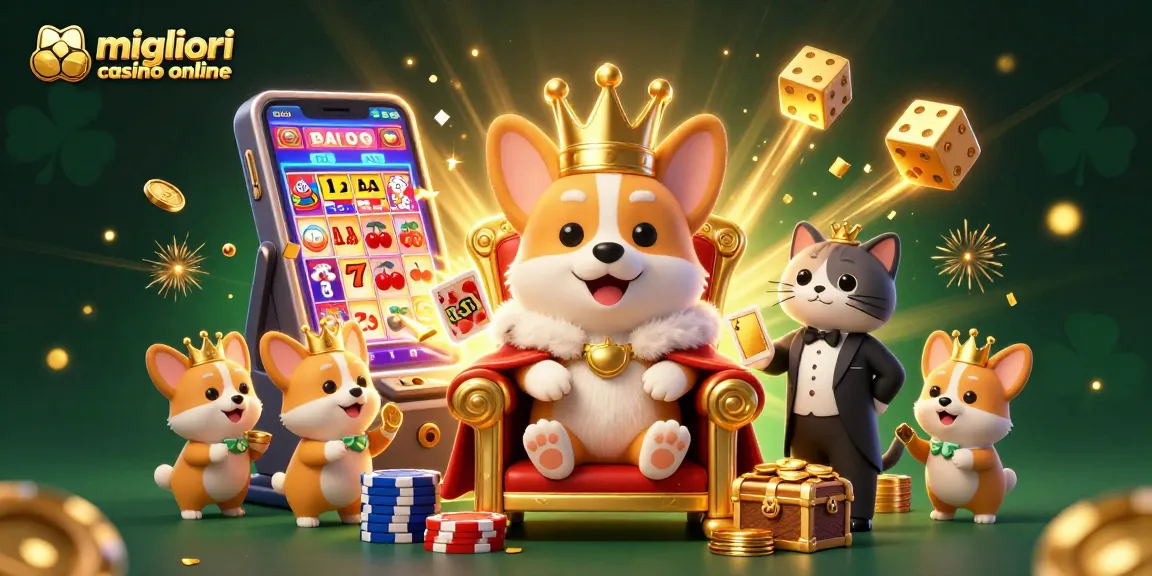 Questa illustrazione mostra i migliori casinò online con un corgi reale in una scena vivace, circondato da slot machine e simboli di fortuna.
