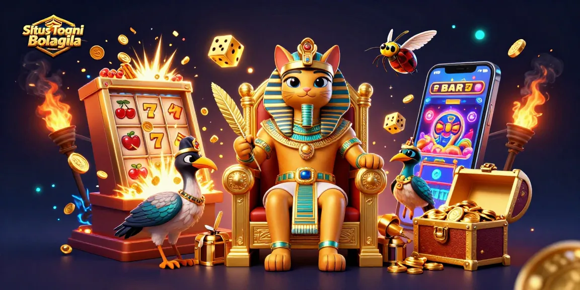Situs Togel Resmi Bolagila, ilustrasi menarik tentang kasino dengan karakter yang berinteraksi di sekitar mesin slot