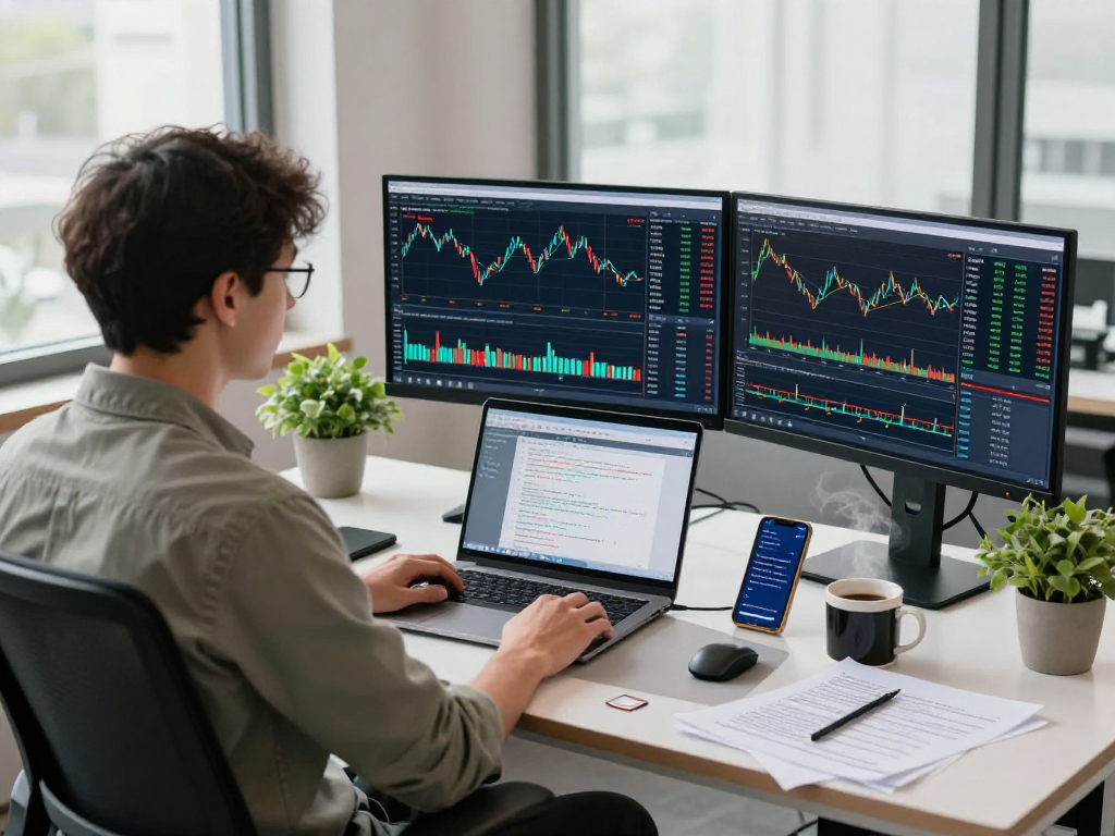 Trader using TradingView on multiple monitors for effective market analysis in a modern workspace.