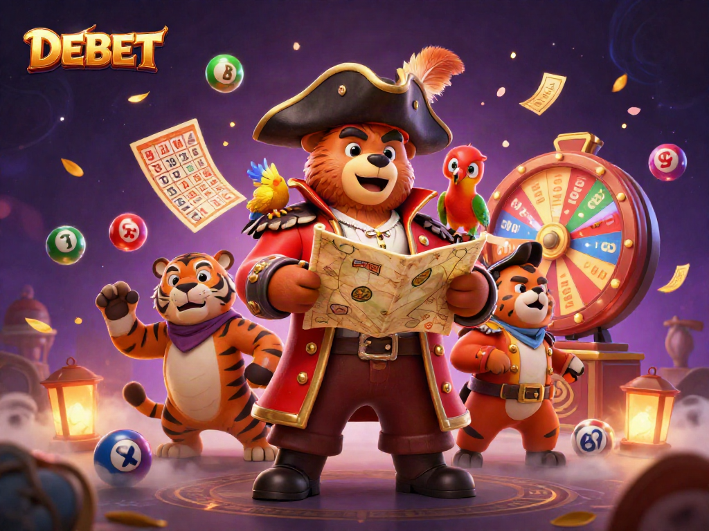 Engage with the DEBET experience in this vibrant 3D digital illustration showcasing a pirate-themed gambling adventure.