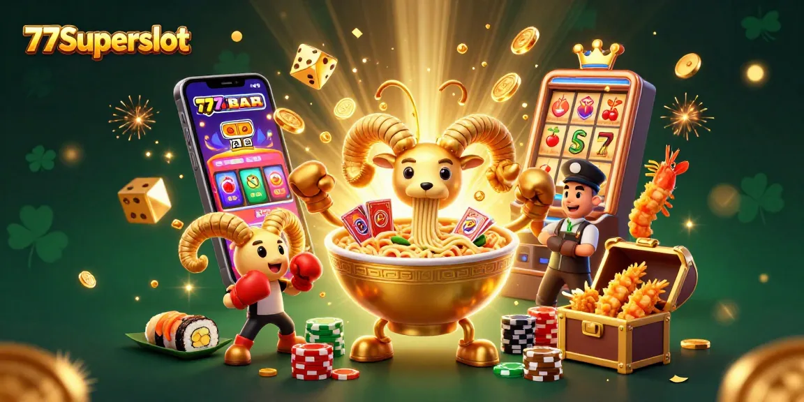 Menangkan permainan slot di 77Superslot dengan ilustrasi menarik mesin slot dan karakter unik.